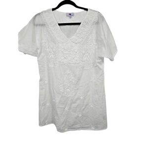 Sunny Oceans Embroidered Tunic Top Womens M White Cotton Boho Beach Coastal